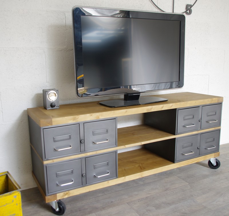 industriel meuble tv métal et bois tiroirs