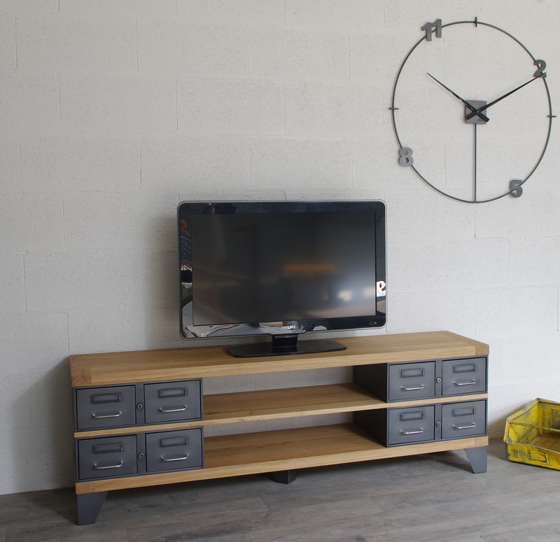 Meuble tv en acier et bois industriel, chêne ou épicéa - Ref: Oakland