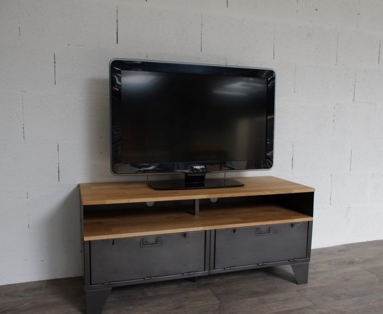 meuble tv métal et bois 120cm industriel restauré