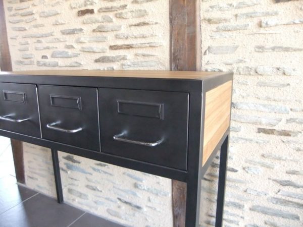 console d'entrée en acier et bois et restauration de tiroirs de medecin