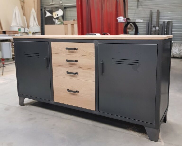 Buffet de rangement industriel 2 portes metal, 1 porte bois Ref